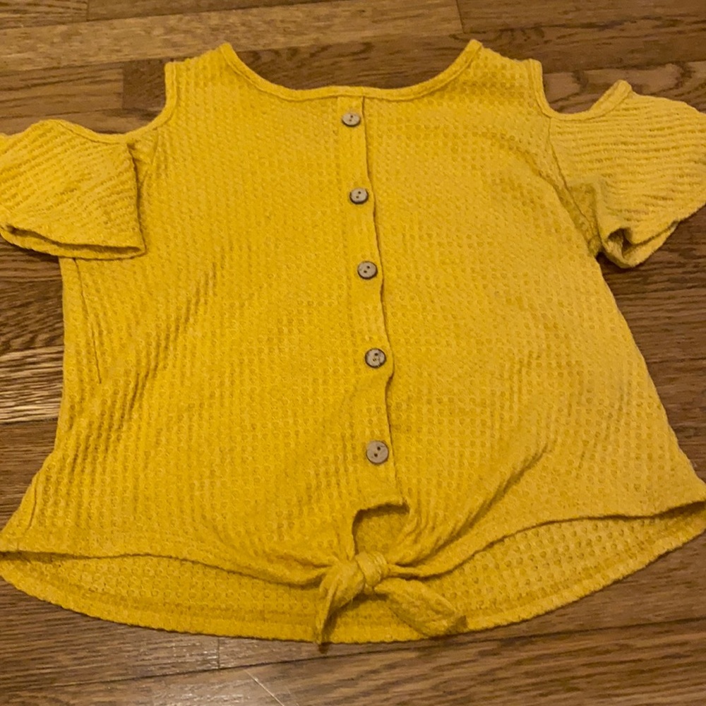 Yellow Waffle Off the Shoulder Knot Top
